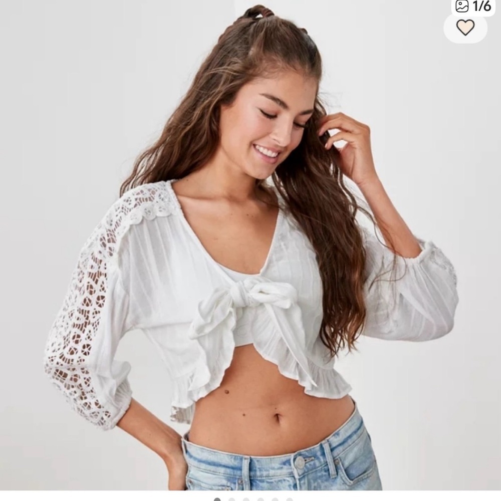 White Lace Tie Front Crop Top